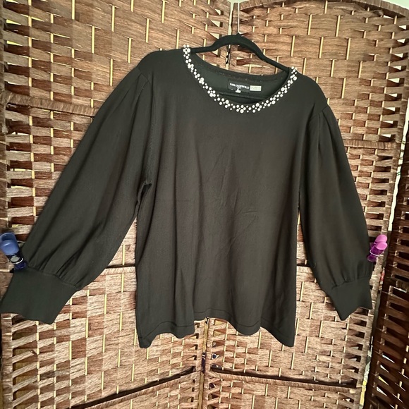 Karl Lagerfeld Black Sweater with Pearl Accent Collar and Puffed Sleeves - Picture 1 of 8
